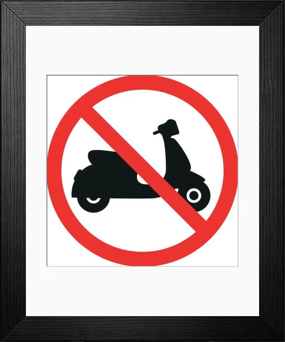Framed Print : No scooter sign. Red circle cross out Background. Forbidden signs and symbols Framed Print : No scooter sign. Red circle cross out Background. Forbidden signs and symbols