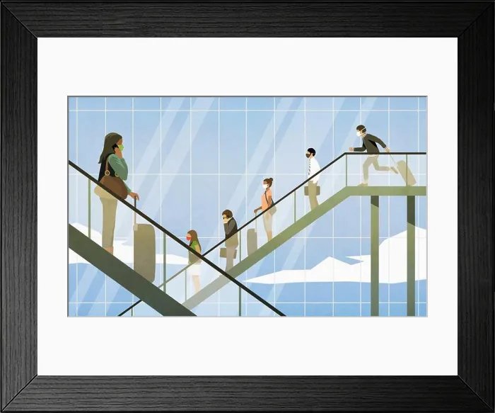 Framed Print : Travelers in face masks on escalators in airport Framed Print : Travelers in face masks on escalators in airport