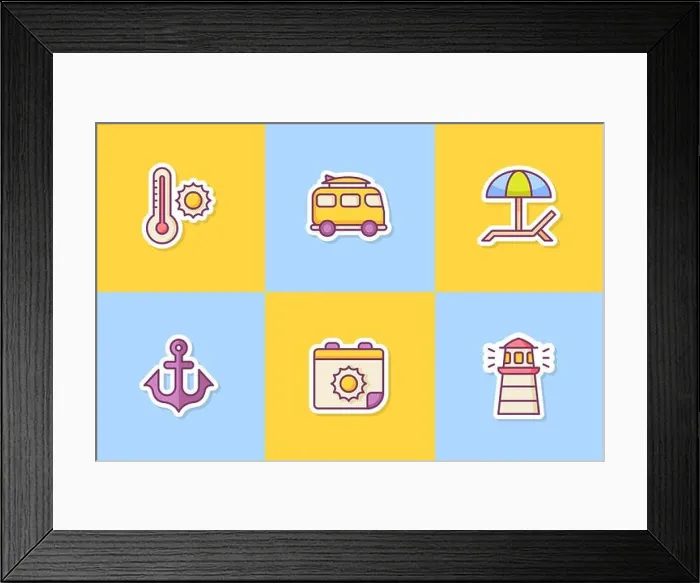 Framed Print : summer sticker icon icons set collection package with color outline style vector design illustration Framed Print : summer sticker icon icons set collection package with color outline style vector design illustration