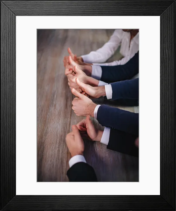 Framed Print : Businessmen holding big thumbs up. Close up Framed Print : Businessmen holding big thumbs up. Close up
