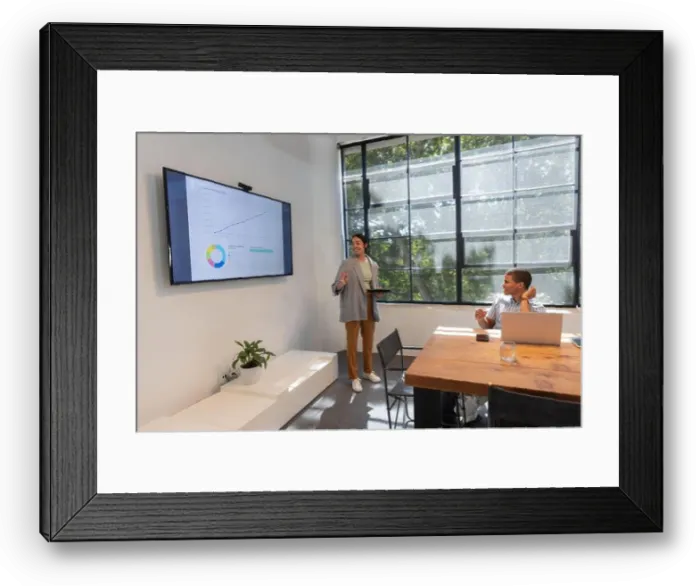 Framed Print : Diverse colleagues presenting data on screen in meeting room using tablet, laptop, copy space Framed Print : Diverse colleagues presenting data on screen in meeting room using tablet, laptop, copy space