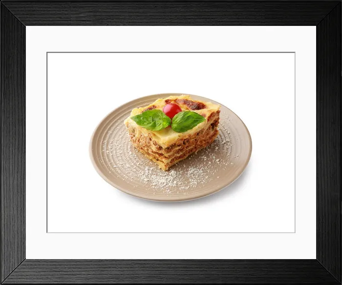Framed Print : Plate with tasty baked lasagna on white background Framed Print : Plate with tasty baked lasagna on white background