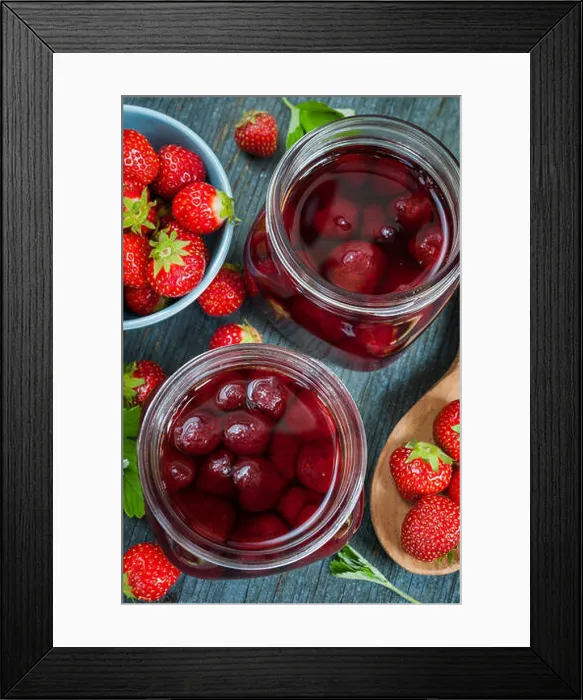 Framed Print : Glass jars with homemade strawberry preserve and fresh strawberries in bowl from above on blue rustic wood background Framed Print : Glass jars with homemade strawberry preserve and fresh strawberries in bowl from above on blue rustic wood background