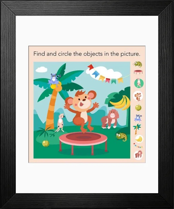 Framed Print : Puzzle game for kids. Find object. Cartoon illustration. Cute monkey in jungle. Vector illustration, scene for design Framed Print : Puzzle game for kids. Find object. Cartoon illustration. Cute monkey in jungle. Vector illustration, scene for design