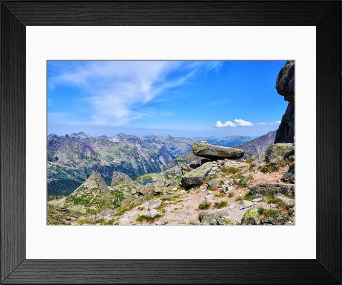 Framed Print : View from pass on summer sunny day. Siberian mountains. Ergaki Ridge. Western Sayan. Russia