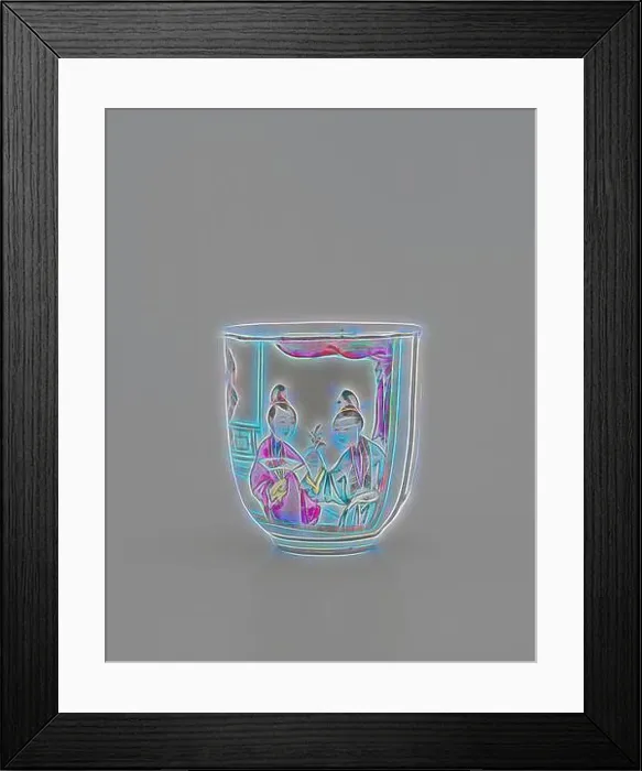 Framed Print : A decorative cup featuring vibrant illustrations of two women adorned in traditional attire Framed Print : A decorative cup featuring vibrant illustrations of two women adorned in traditional attire
