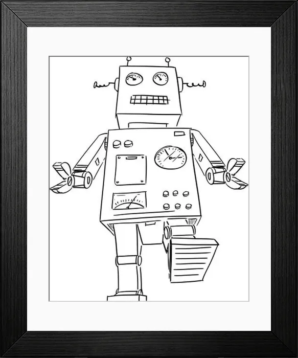 Framed Print : Cartoon Drawing of Big or Giant Retro Robot Walking Framed Print : Cartoon Drawing of Big or Giant Retro Robot Walking