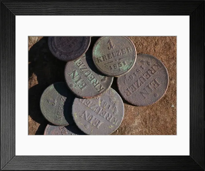 Framed Print : Old Austro-Hungarian coins on wooden table Framed Print : Old Austro-Hungarian coins on wooden table