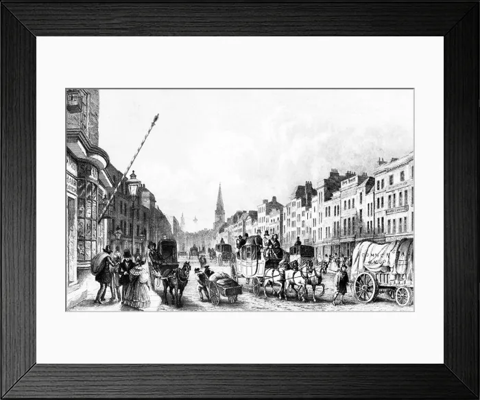 Framed Print : 1800s 1850s HIGH STREET WHITECHAPEL STORE FRONTS TRAFFIC COACHES CABS WAGONS CARTS HORSES LONDON ENGLAND