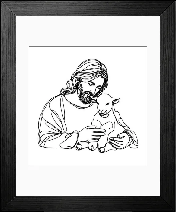 Framed Print : continuous drawing of Jesus Christ holding a lamb in his arms Framed Print : continuous drawing of Jesus Christ holding a lamb in his arms