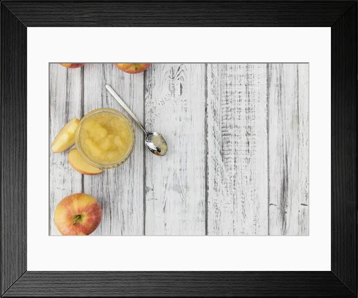 Framed Print : Homemade Applesauce (selective focus, close-up shot) on vintage background with some fresh fruits Framed Print : Homemade Applesauce (selective focus, close-up shot) on vintage background with some fresh fruits