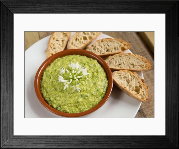 Framed Print : Homemade hummus that has been made with wild garlic leaves Framed Print : Homemade hummus that has been made with wild garlic leaves