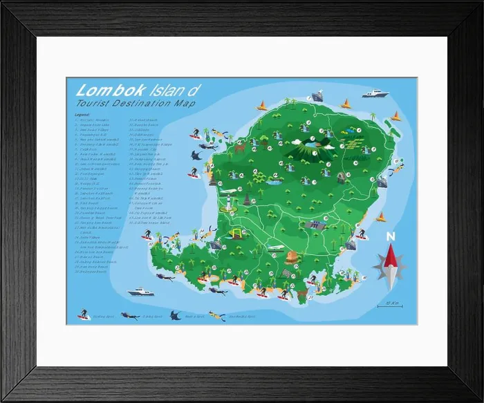 Framed Print : Lombok Island Tourist Destination map Framed Print : Lombok Island Tourist Destination map