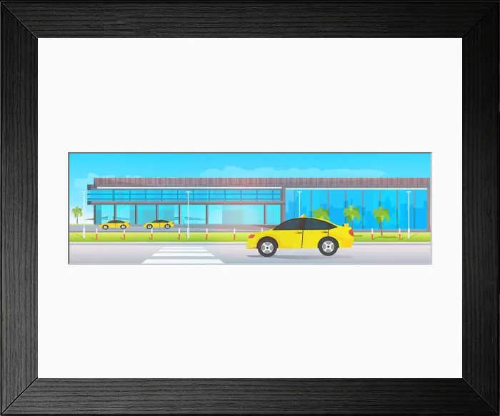 Framed Print : airport terminal outside yellow taxi cabs near modern flight departure horizontal vector illustration Framed Print : airport terminal outside yellow taxi cabs near modern flight departure horizontal vector illustration