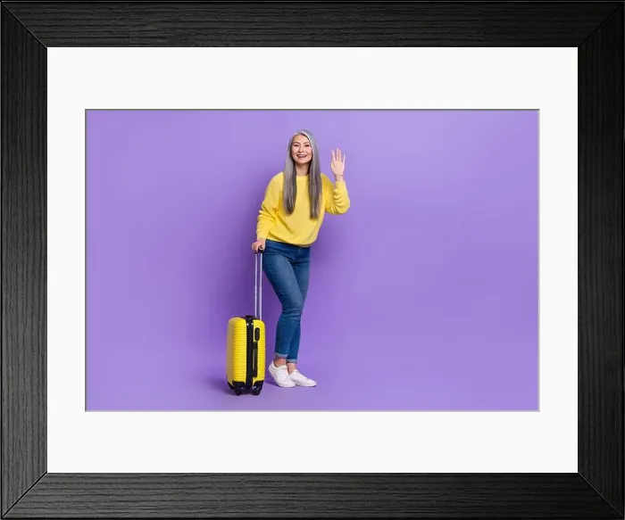 Framed Print : Photo of pretty friendly lady pensioner dressed pullover carrying luggage waving arm isolated purple color background Framed Print : Photo of pretty friendly lady pensioner dressed pullover carrying luggage waving arm isolated purple color background