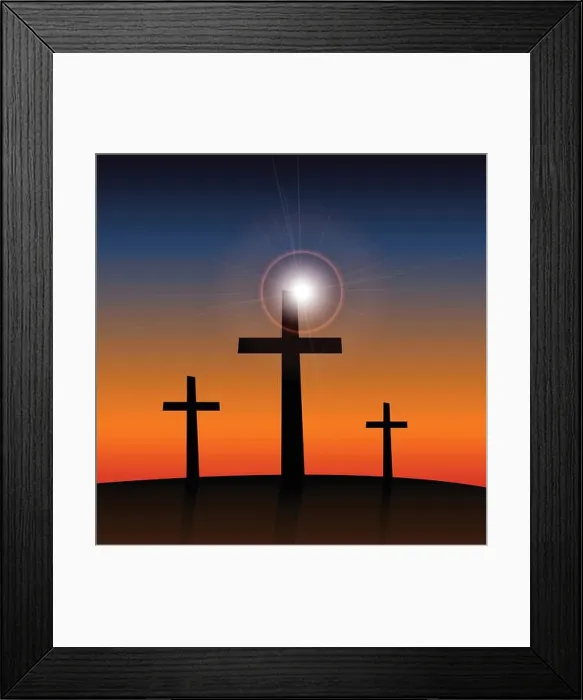 Framed Print : Illustration of 3 religious crosses against a colorful sky background Framed Print : Illustration of 3 religious crosses against a colorful sky background