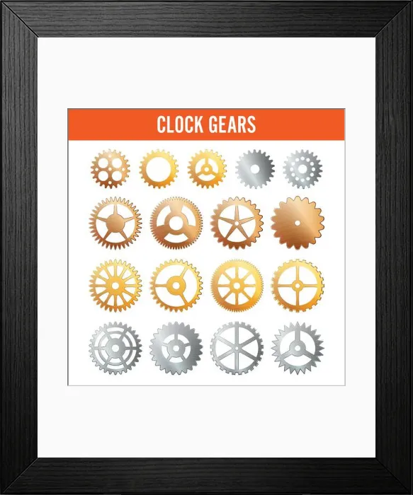 Framed Print : Vector Clock Gears. Metal Icons Isolated On White. Silver, Gold, Bronze Framed Print : Vector Clock Gears. Metal Icons Isolated On White. Silver, Gold, Bronze