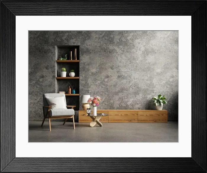Framed Print : Loft style house with armchair and accessories in the room.3d rendering