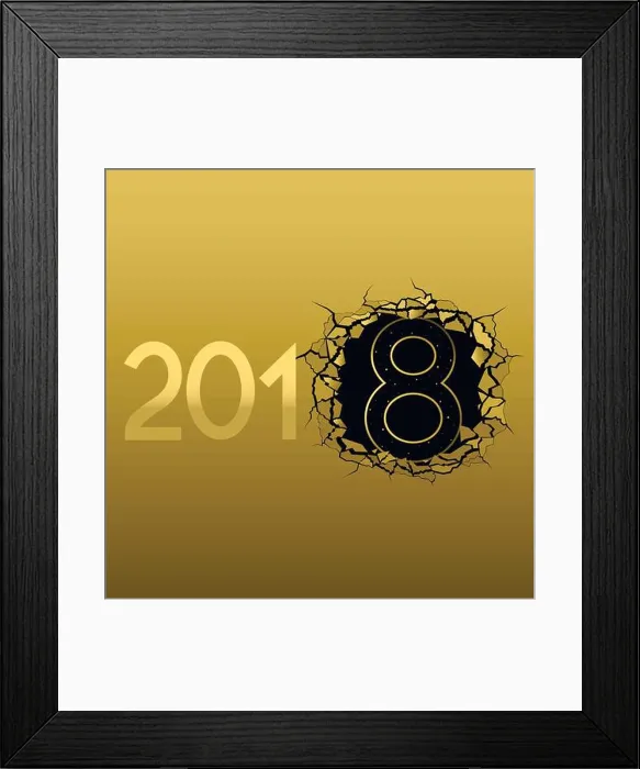 Framed Print : 2018 New Year. Broken golden metal background. Texture with hole, cracks, number eight and broken pieces