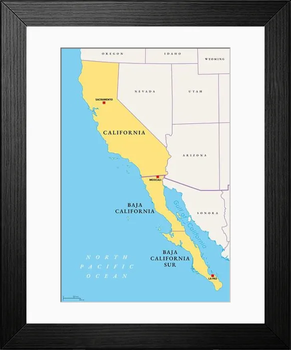Framed Print : The Californias, a region of North America, political map. Spanning the United States and Mexico Framed Print : The Californias, a region of North America, political map. Spanning the United States and Mexico