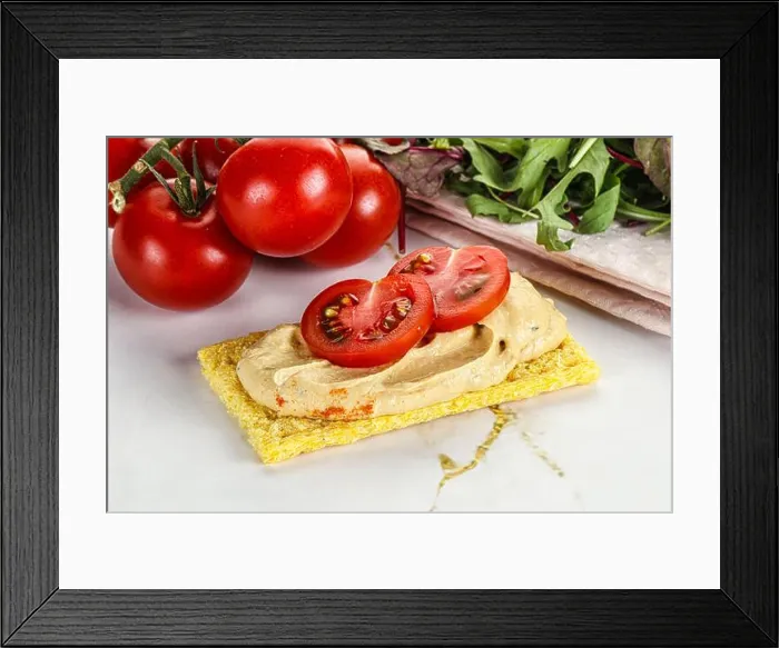 Framed Print : Vegan cuisine - Crispbread with arabic creamy hummus Framed Print : Vegan cuisine - Crispbread with arabic creamy hummus