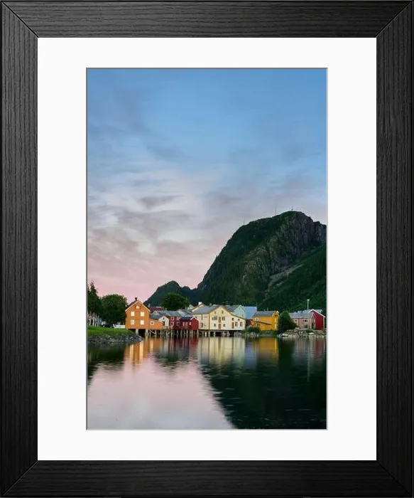 Framed Print : Old wooden houses by the harbor at high tide in Mosjöen, Norway Framed Print : Old wooden houses by the harbor at high tide in Mosjöen, Norway