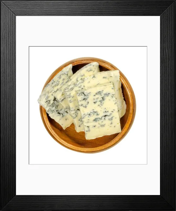 Framed Print : Blue cheese slices in wooden bowl Framed Print : Blue cheese slices in wooden bowl