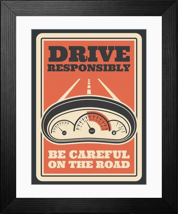 Framed Print : Be careful on road retro poster for drive safety and responsibly Framed Print : Be careful on road retro poster for drive safety and responsibly