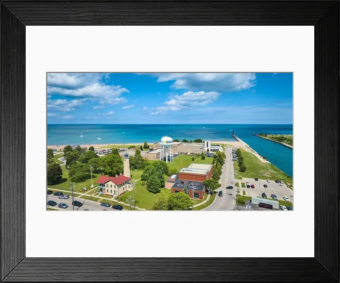 Framed Print : Aerial View of Kenosha Lighthouse Water Tower and Lake Michigan Framed Print : Aerial View of Kenosha Lighthouse Water Tower and Lake Michigan
