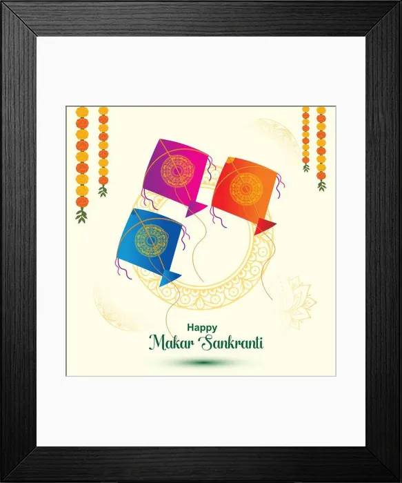 Framed Print : happy makar sankranti Three colorful kites with floral garlands and mandala designs flying
