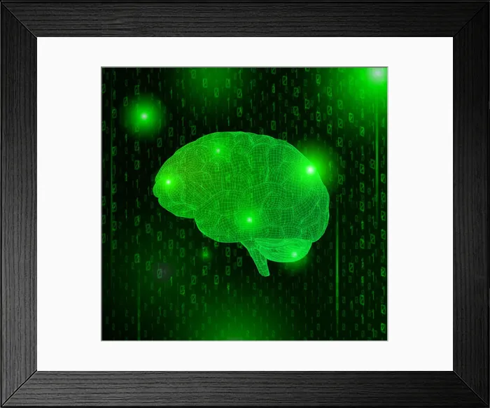 Framed Print : Green 3d wireframe polygonal brain graphic illustration on binary numeral system matrix background Framed Print : Green 3d wireframe polygonal brain graphic illustration on binary numeral system matrix background