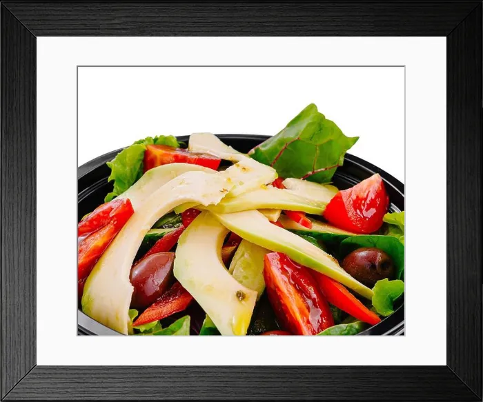 Framed Print : Freshly made salad with avocado, tomatoes, olives and lettuce in a plastic bowl, ready for takeaway or delivery Framed Print : Freshly made salad with avocado, tomatoes, olives and lettuce in a plastic bowl, ready for takeaway or delivery