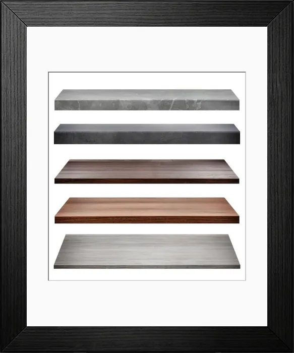 Framed Print : Different empty shelves isolated on white, set Framed Print : Different empty shelves isolated on white, set
