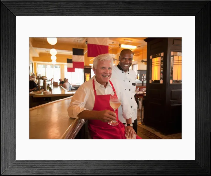 Framed Print : Smiling restaurant waiter and chef Framed Print : Smiling restaurant waiter and chef
