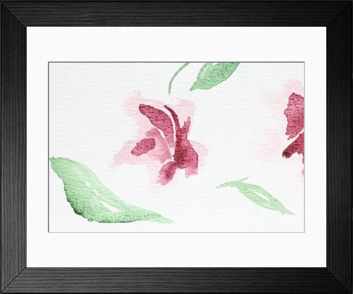 Framed Print : Watercolor painting of pink flower and leaves on white paper, top view Framed Print : Watercolor painting of pink flower and leaves on white paper, top view