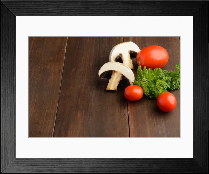Framed Print : Mushrooms, tomatoes and parsley, ingredients for pizza or another cooking over wooden table Framed Print : Mushrooms, tomatoes and parsley, ingredients for pizza or another cooking over wooden table