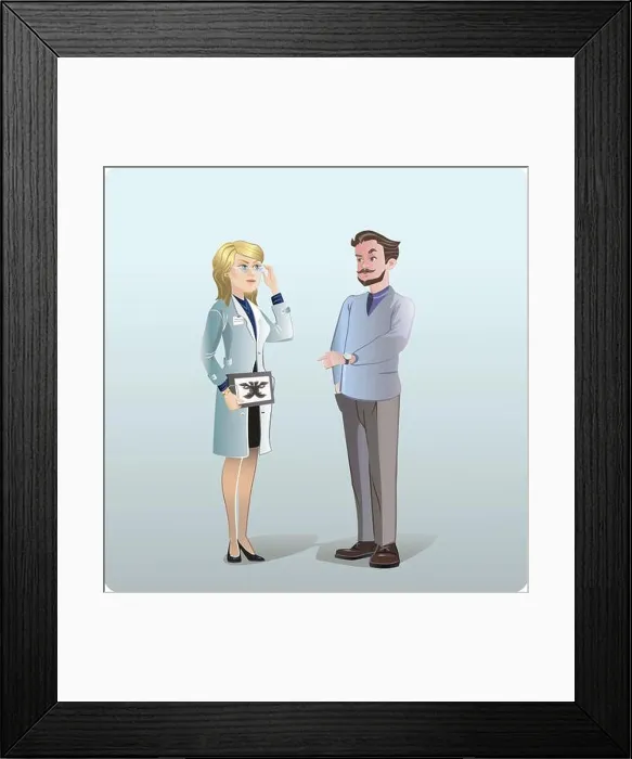 Framed Print : Cartoon medical treatment concept with doctor helping patient to solve his mental Framed Print : Cartoon medical treatment concept with doctor helping patient to solve his mental