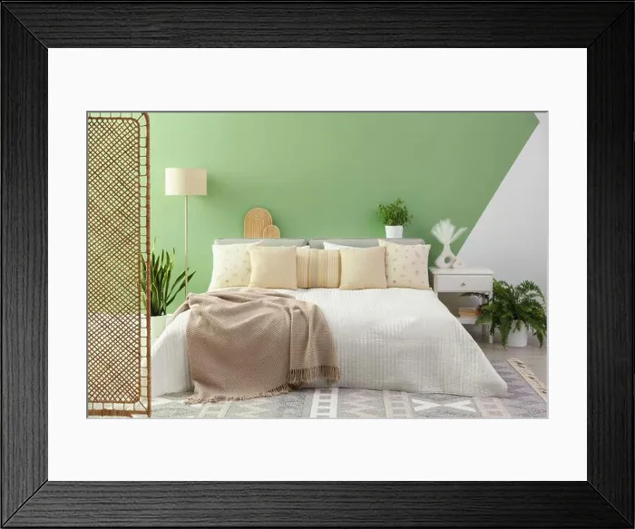 Framed Print : Stylish bedroom interior with large bed, houseplants and decorative elements Framed Print : Stylish bedroom interior with large bed, houseplants and decorative elements