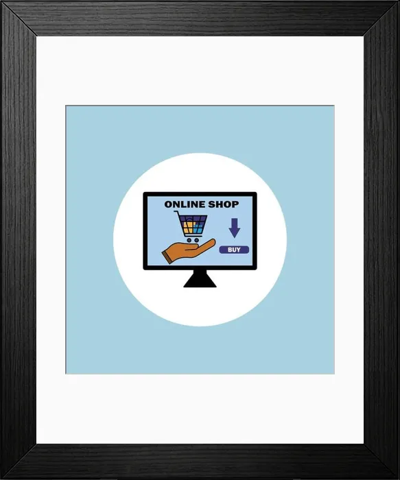 Framed Print : Online shop, Laptop, desktop, computer icon with shopping baskets. Design template vector Framed Print : Online shop, Laptop, desktop, computer icon with shopping baskets. Design template vector