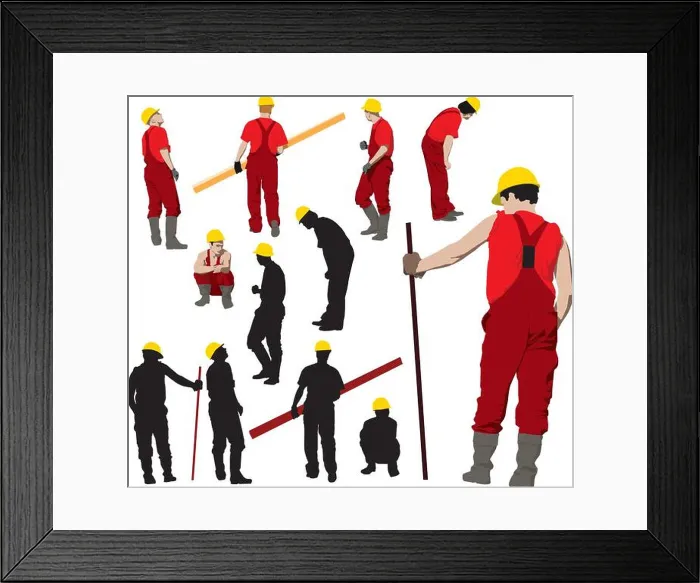 Framed Print : Team of Construction workers in red workwear an yellow helmets. Vector illustration and silhouettes Framed Print : Team of Construction workers in red workwear an yellow helmets. Vector illustration and silhouettes