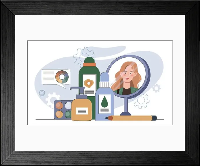 Framed Print : Beauty products with mirror reflection. Vector illustration Framed Print : Beauty products with mirror reflection. Vector illustration