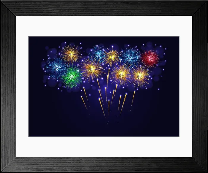 Framed Print : Celebration multicolored sparkling vector fireworks. 4th of July Independence Day, New Year holidays background Framed Print : Celebration multicolored sparkling vector fireworks. 4th of July Independence Day, New Year holidays background