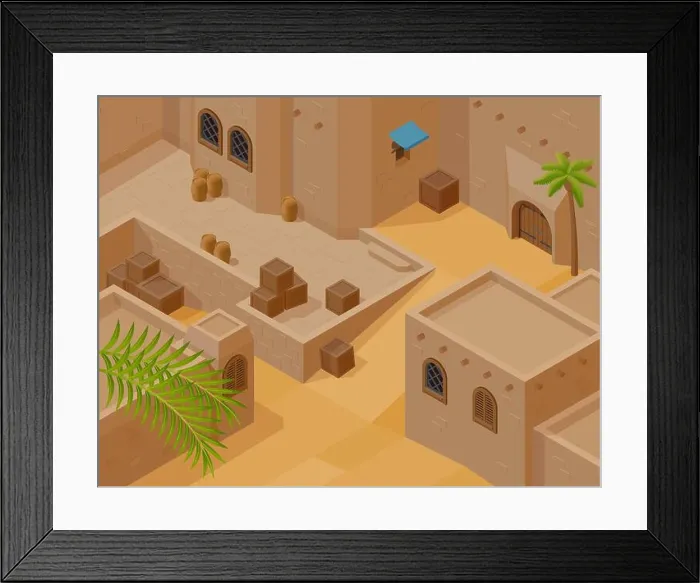 Framed Print : Fragment of desert landscape with traditional mud brick houses isometric background vector illustration