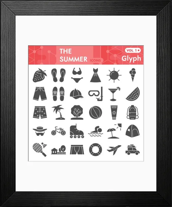 Framed Print : Summer solid icon set, beach symbols collection or sketches Framed Print : Summer solid icon set, beach symbols collection or sketches