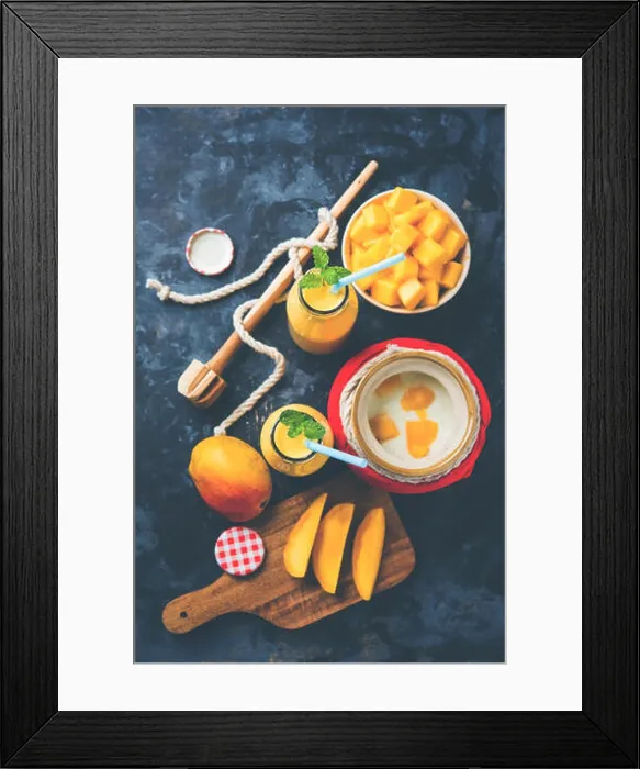 Framed Print : Mango Lassi or smoothie in big glass or small bottles with curd Framed Print : Mango Lassi or smoothie in big glass or small bottles with curd