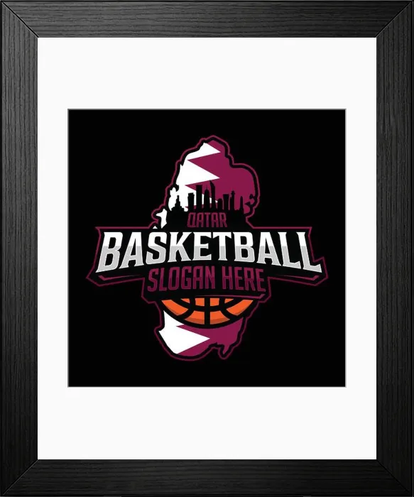 Framed Print : Qatar Basketball team logo emblem in modern style with black background. Vector illustration Framed Print : Qatar Basketball team logo emblem in modern style with black background. Vector illustration