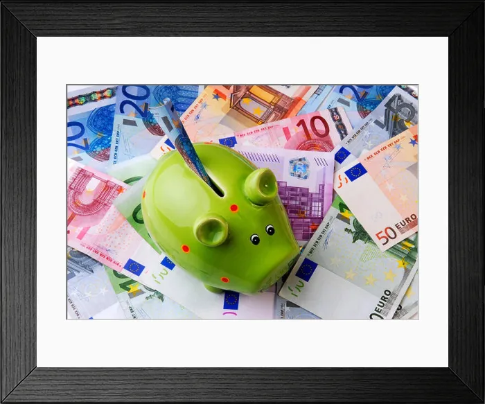 Framed Print : different Euro bills with piggy bank Framed Print : different Euro bills with piggy bank