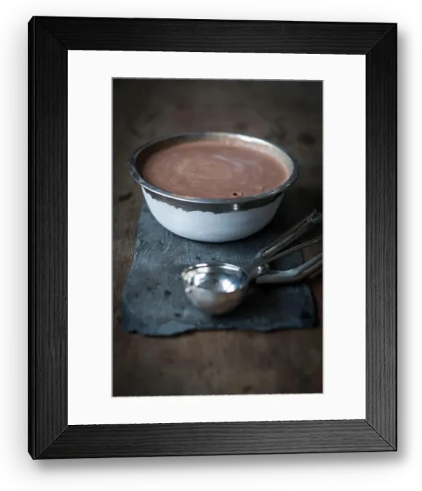 Framed Print : Home made chocolate ice cream in steel bowl on slate board on wooden table Framed Print : Home made chocolate ice cream in steel bowl on slate board on wooden table