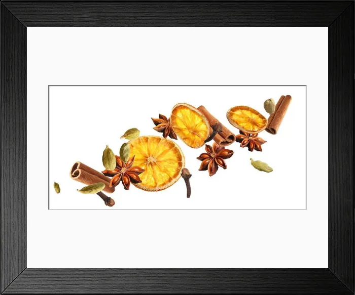 Framed Print : Slices of dried orange, aromatic anise stars, cinnamon, cloves and cardamom falling on white background. Banner design Framed Print : Slices of dried orange, aromatic anise stars, cinnamon, cloves and cardamom falling on white background. Banner design
