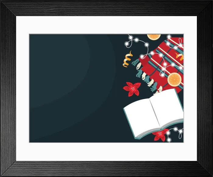 Framed Print : Christmas flat lay with a wool wardrobe, a book, a garland and orange slices. Christmas flat vector illustration Framed Print : Christmas flat lay with a wool wardrobe, a book, a garland and orange slices. Christmas flat vector illustration